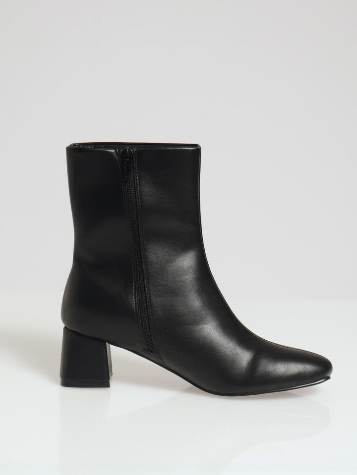 Plain Square Toe Low Shaped Heel Boot - Black