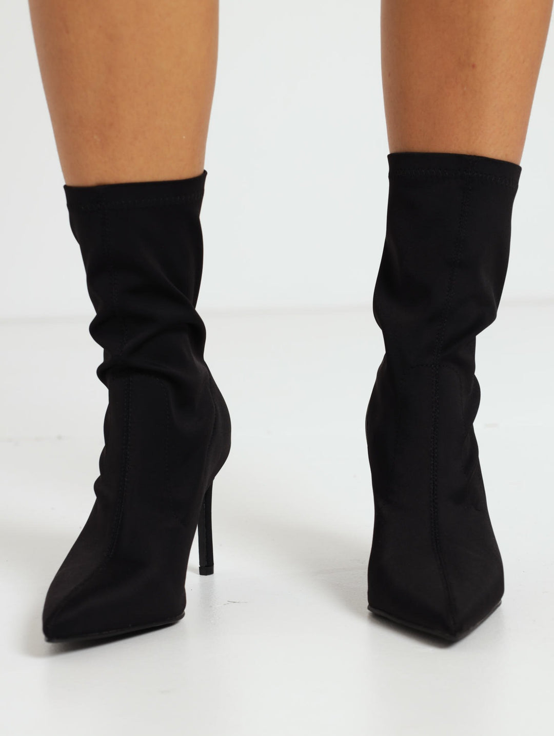 Nylon Calf Pointed Stiletto Boot - Black