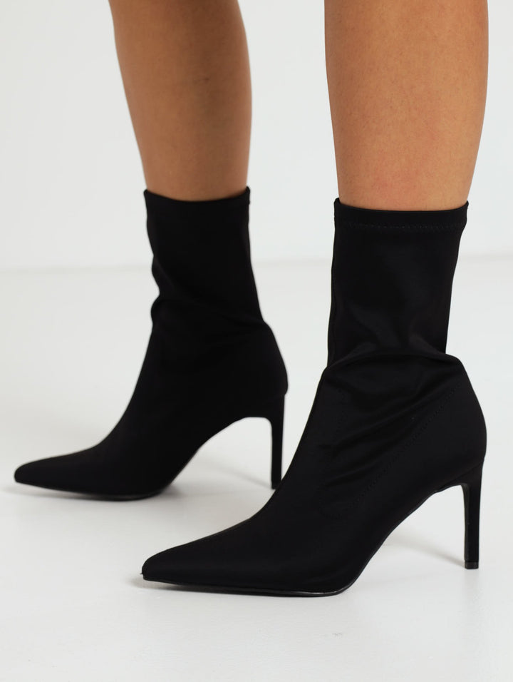 Nylon Calf Pointed Stiletto Boot - Black