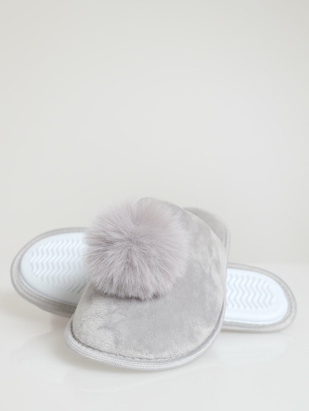 Closed Toe Slipper With Pom Pom - Grey