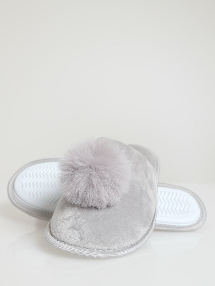 Closed Toe Slipper With Pom Pom - Grey