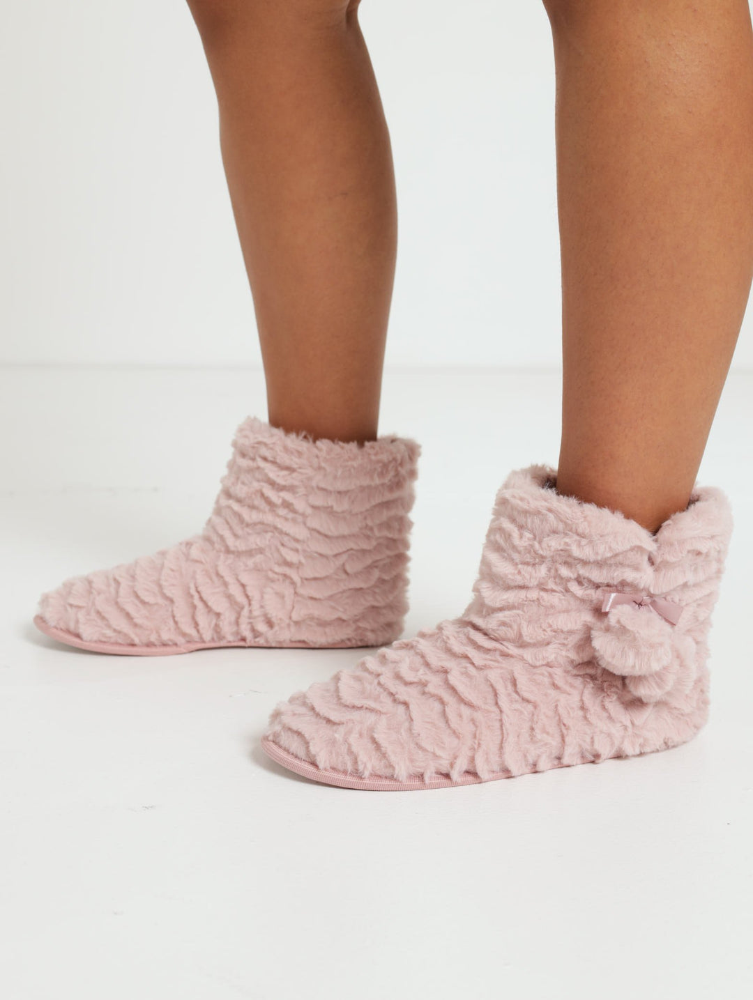 Fur Boot With Pom Pom Trim - Blush