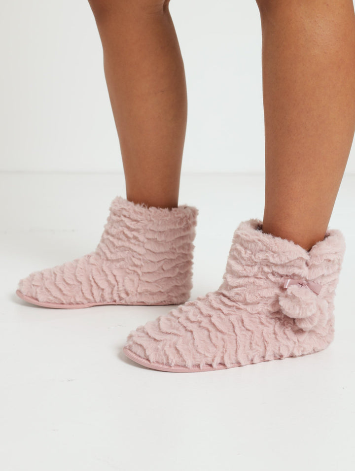 Fur Boot With Pom Pom Trim - Blush