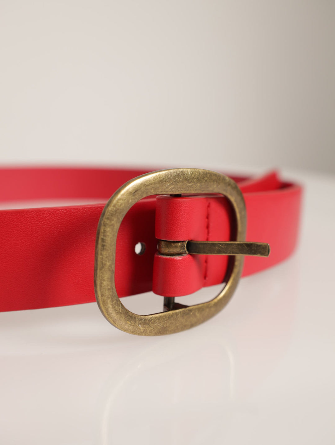 Brushed Gold Buckle Belt - Red