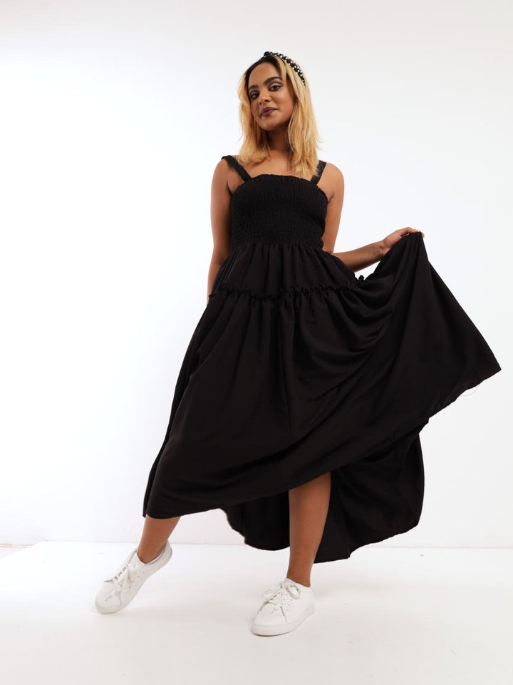 Ladies Smocked Open Back Dress - Black