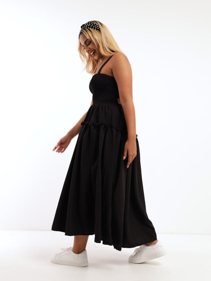 Ladies Smocked Open Back Dress - Black