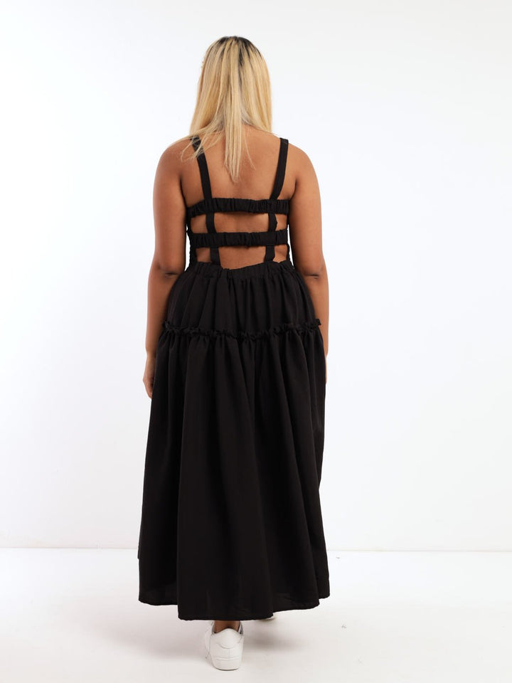 Ladies Smocked Open Back Dress - Black