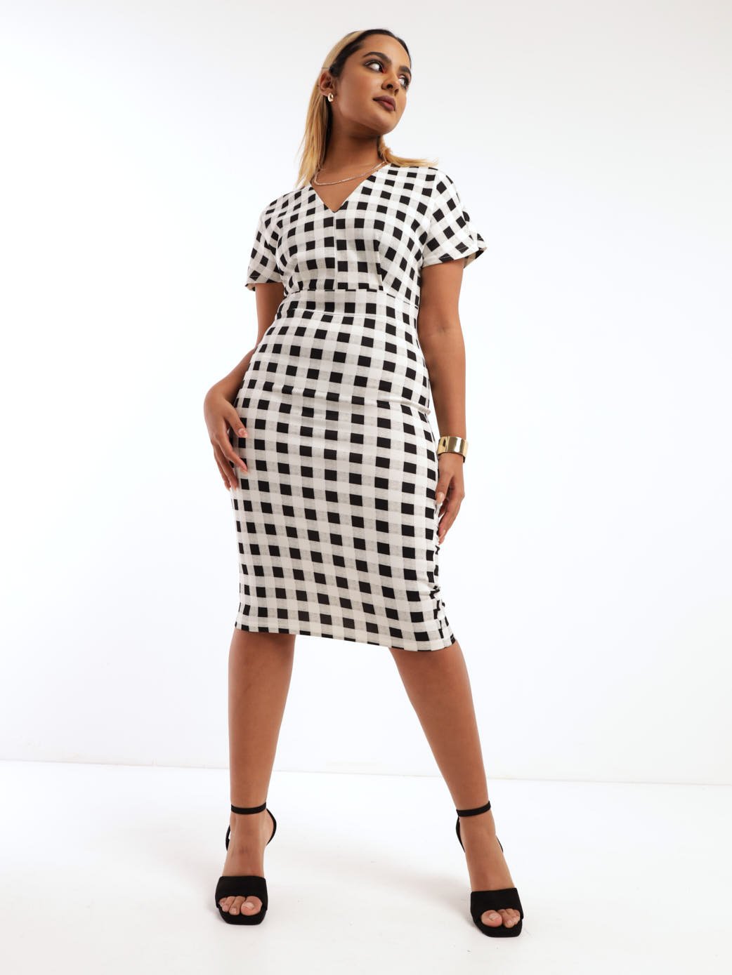 Ladies Kimono Sleeve Check Midi Dress - Black/White
