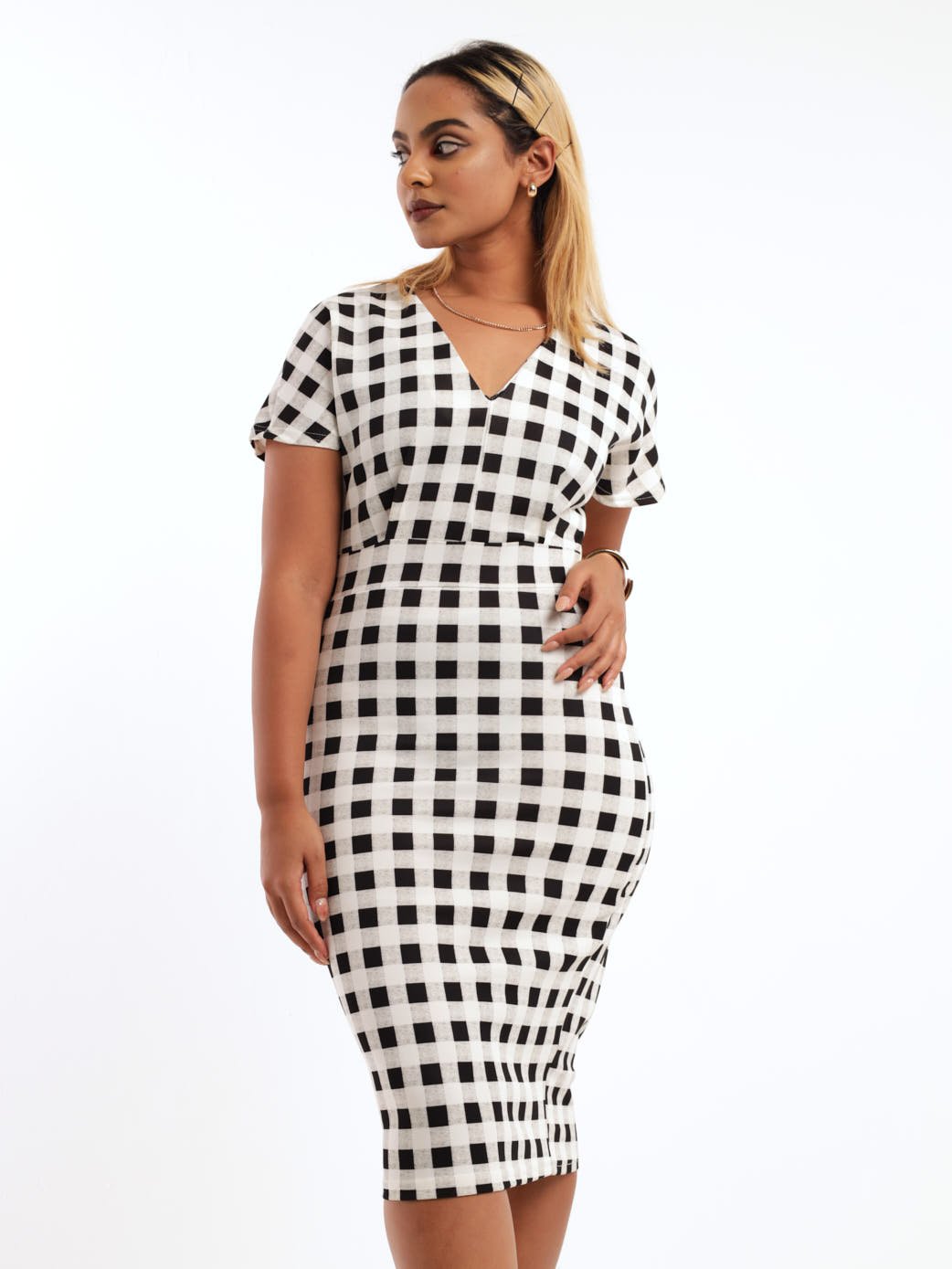 Ladies Kimono Sleeve Check Midi Dress - Black/White