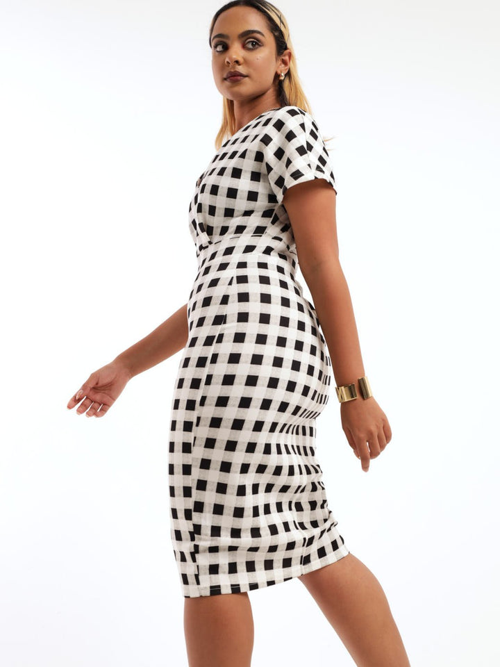 Ladies Kimono Sleeve Check Midi Dress - Black/White