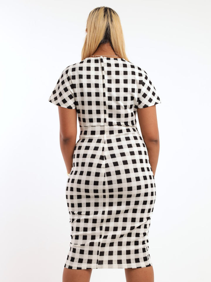 Ladies Kimono Sleeve Check Midi Dress - Black/White