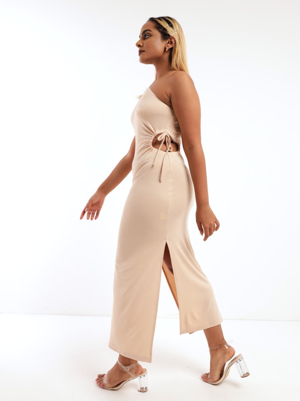Ladies One-Arm Tube Maxi Dress - Stone