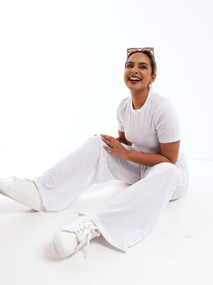 Ladies Wide Rib Wide Leg Pant - White