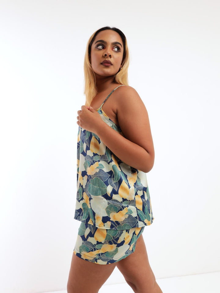 Ladies Printed Satin Cami & Short Sleepwear Set - Dark Blue