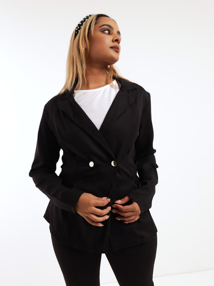 Ladies Double Breasted Pleat Detail Blazer - Black