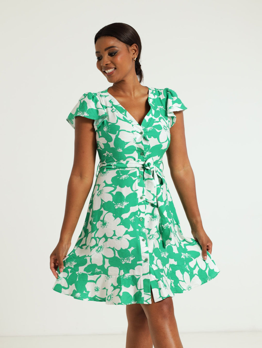 Frill Sleeve V-Neck Shirt Dress - White/Green