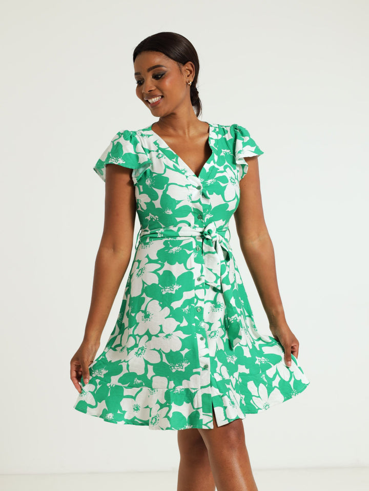 Frill Sleeve V-Neck Shirt Dress - White/Green