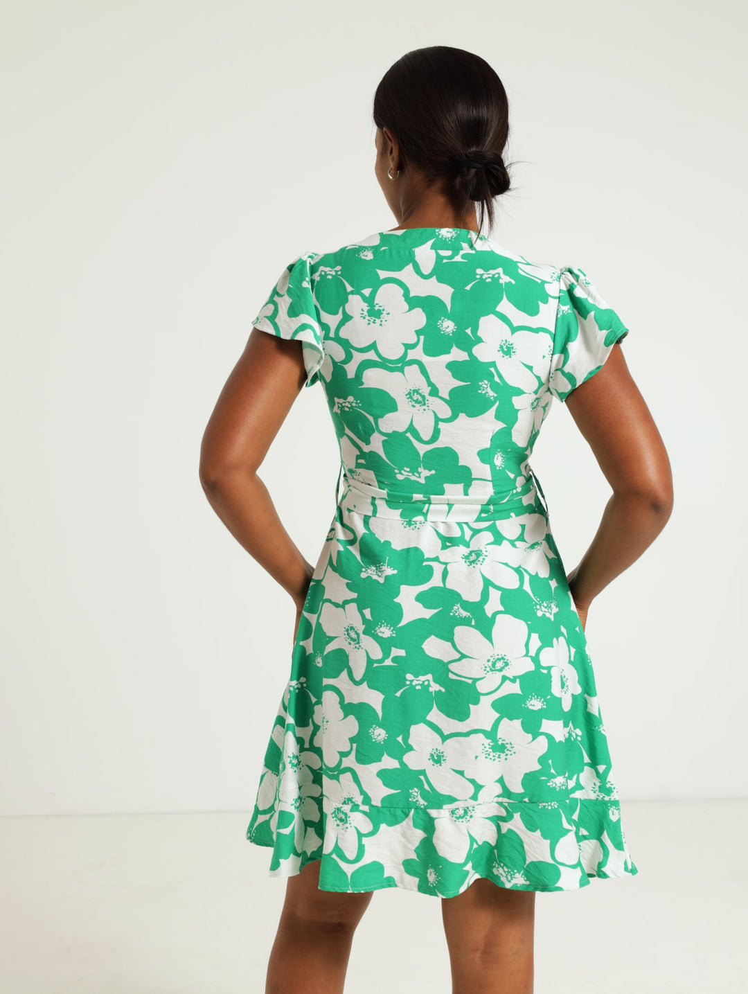 Frill Sleeve V-Neck Shirt Dress - White/Green