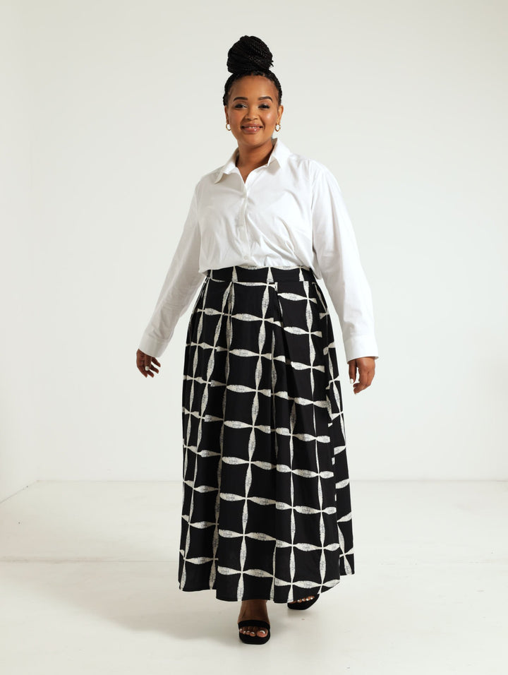 Flare Poplin Skirt - Black/Cream