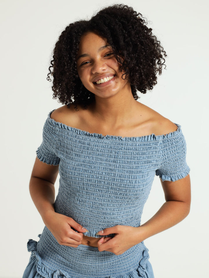 Girls Shirred Off Shoulder Top - Light Blue