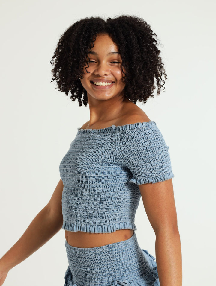 Girls Shirred Off Shoulder Top - Light Blue