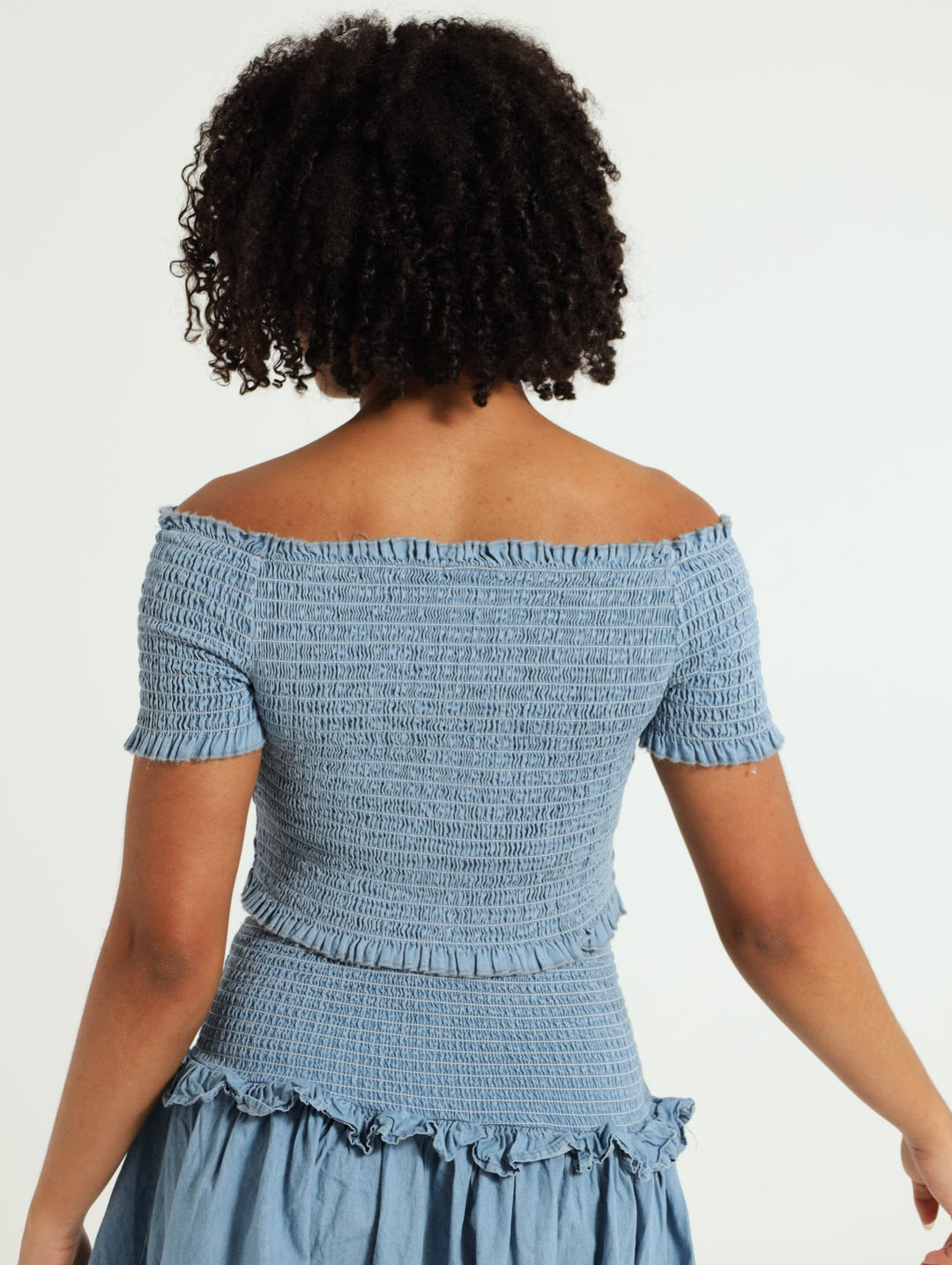 Girls Shirred Off Shoulder Top - Light Blue