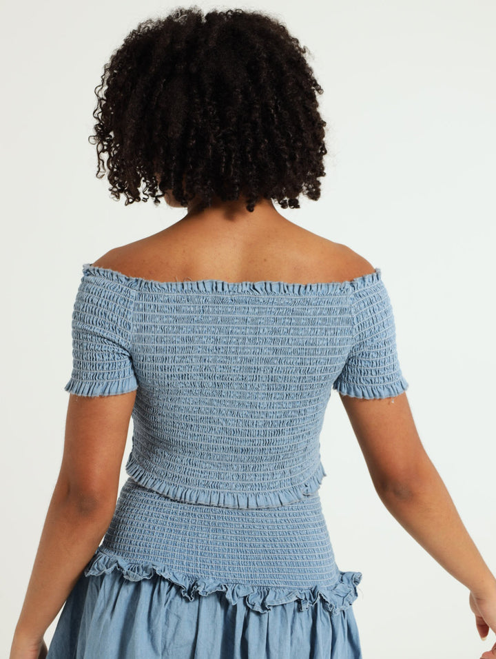 Girls Shirred Off Shoulder Top - Light Blue