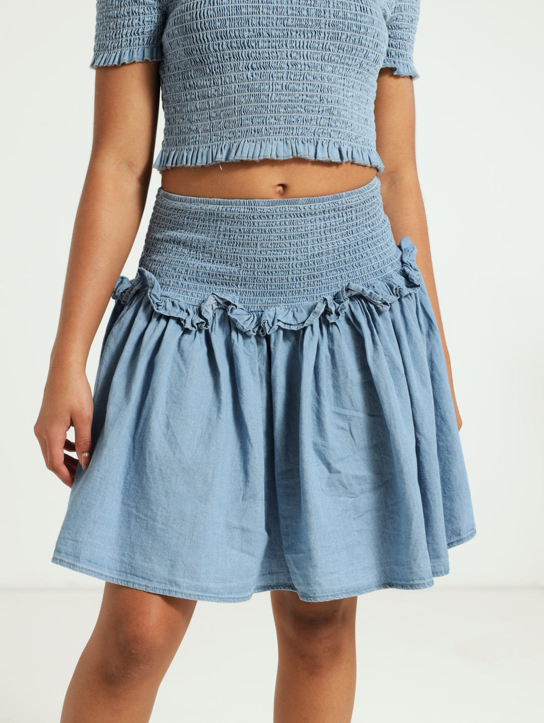 Girls Chambray Shirred Skirt - Light Blue