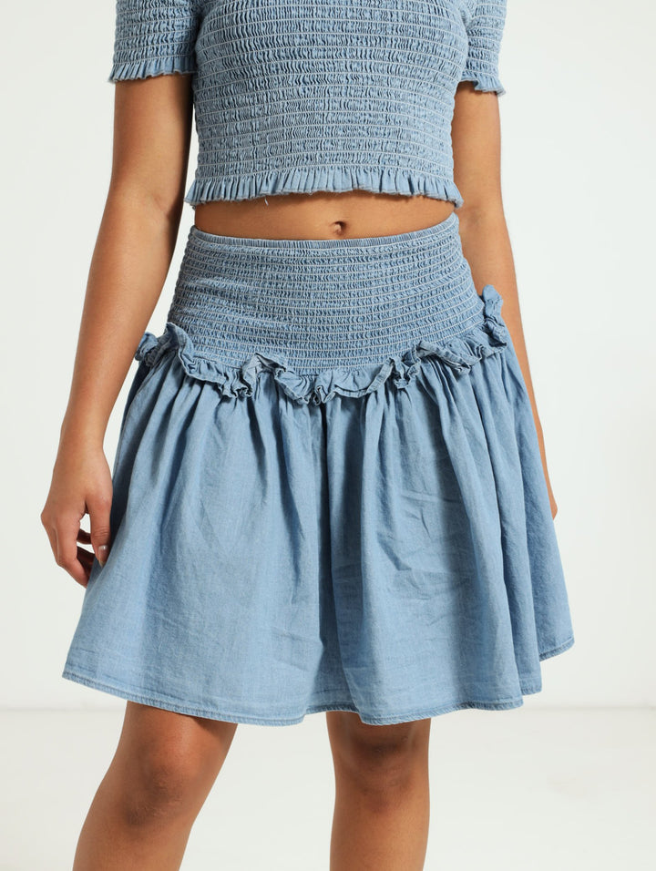 Girls Chambray Shirred Skirt - Light Blue