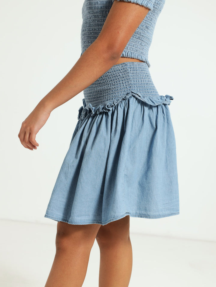 Girls Chambray Shirred Skirt - Light Blue