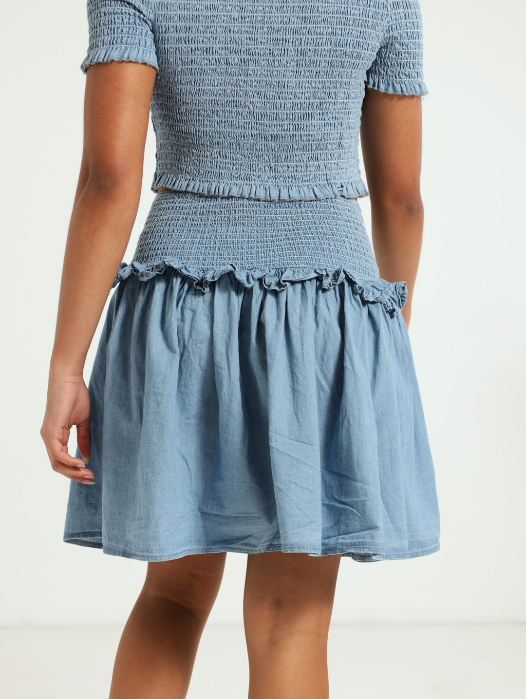 Girls Chambray Shirred Skirt - Light Blue