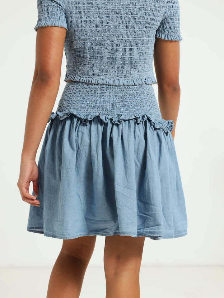 Girls Chambray Shirred Skirt - Light Blue