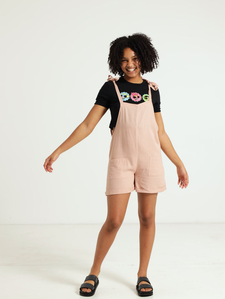 Girls Linen Dungaree - Blush