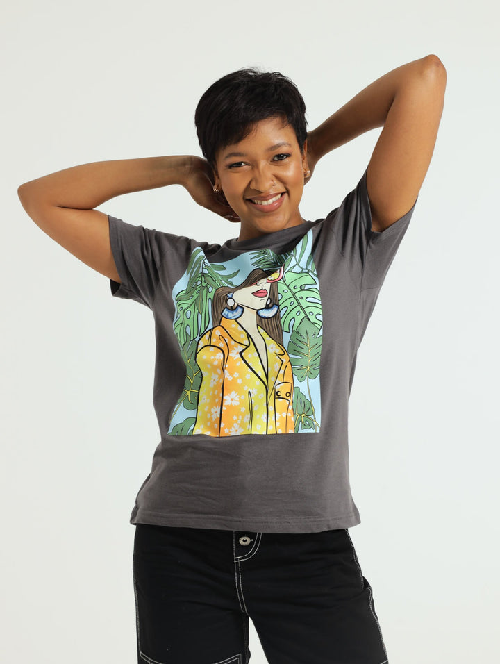 Regular Palm Girl Tee - Charcoal