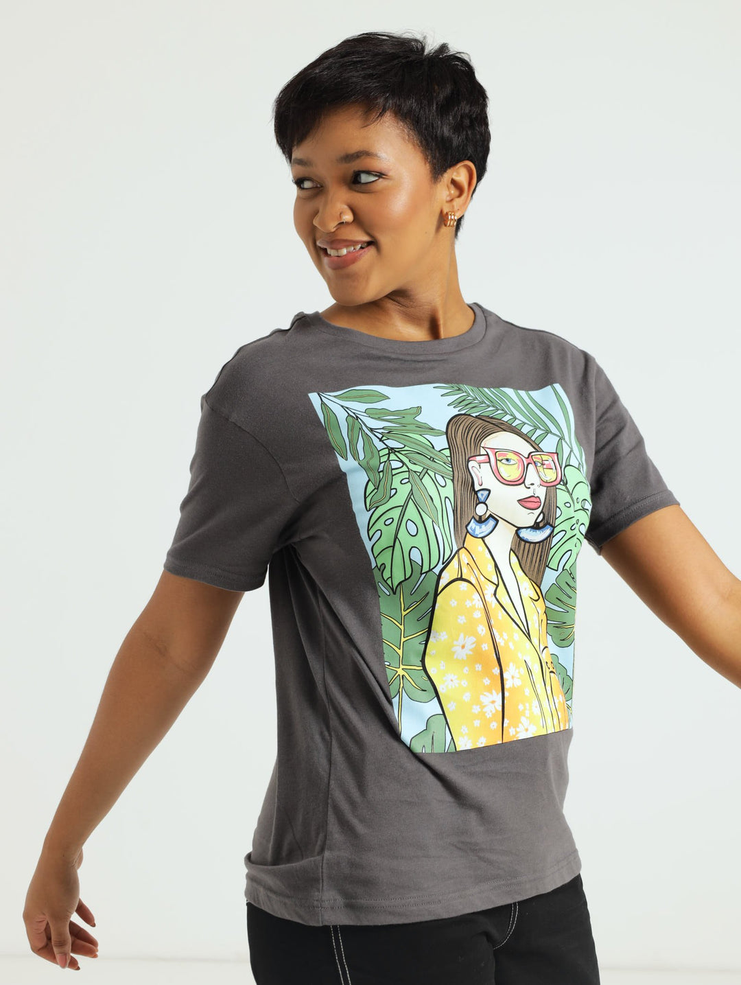 Regular Palm Girl Tee - Charcoal