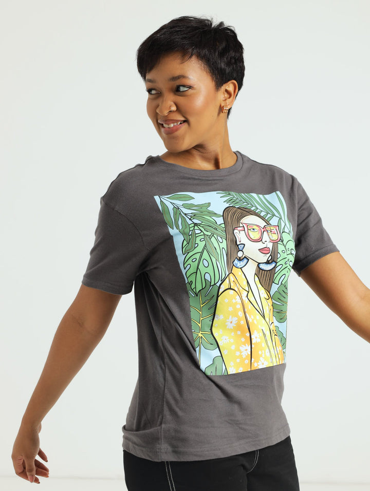 Regular Palm Girl Tee - Charcoal