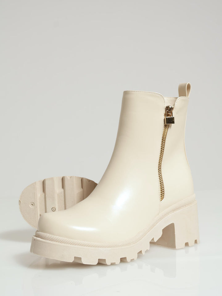 Plain Chunky Heeled Chelsea Boot - Stone
