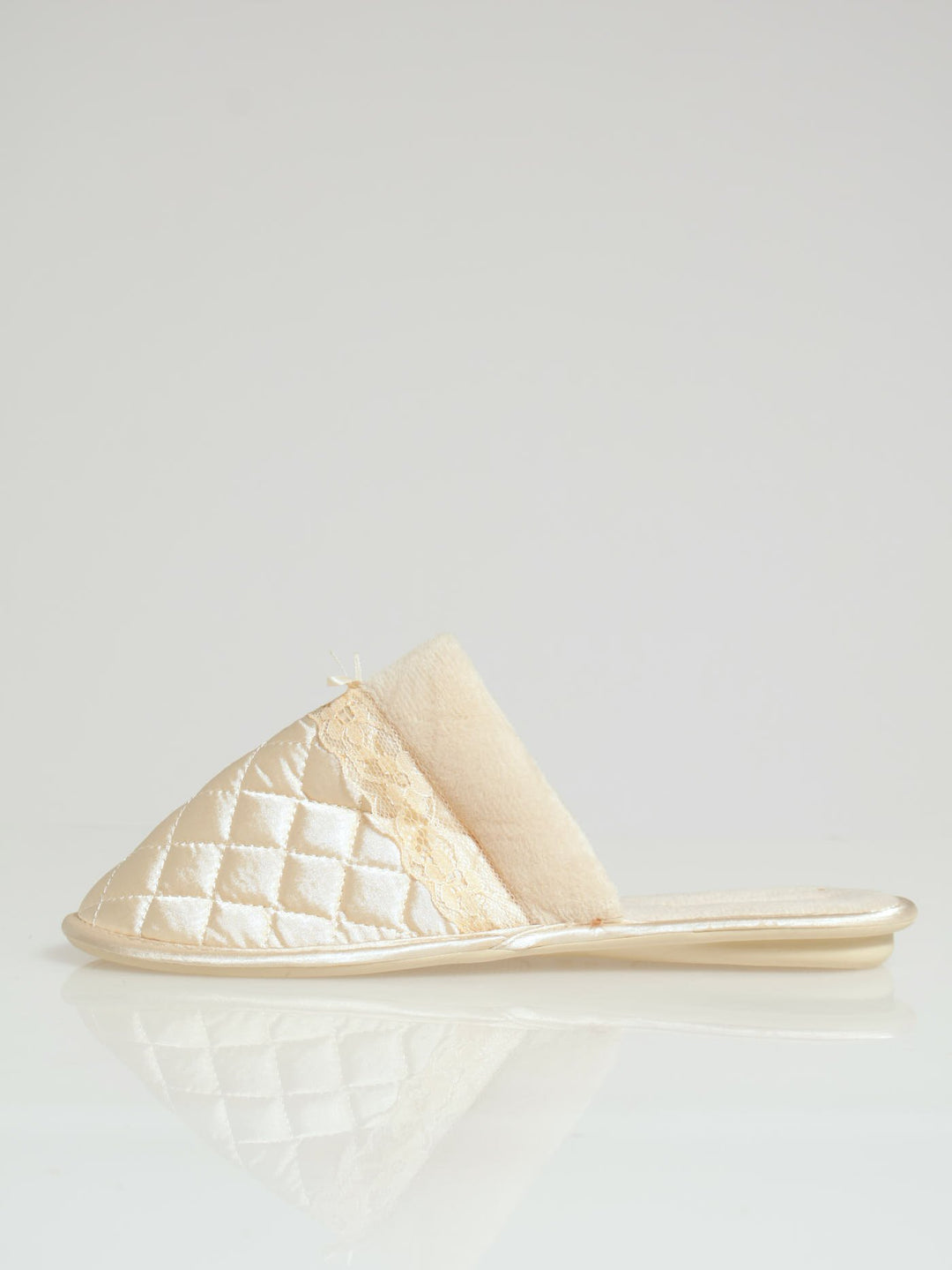 Quilted Closed Toe Slipper With Bow & Fur Topline - Champagne