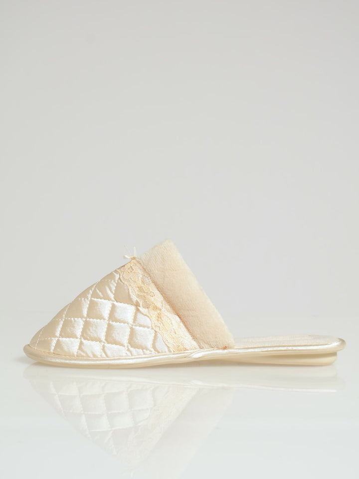 Quilted Closed Toe Slipper With Bow & Fur Topline - Champagne