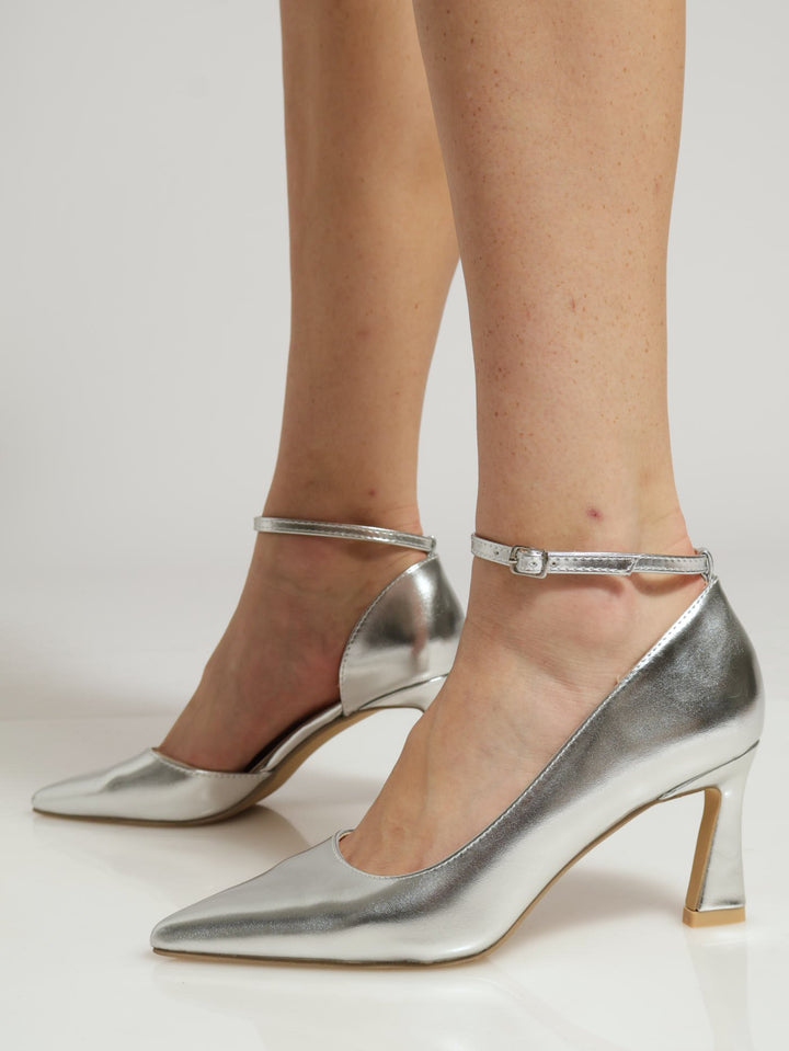 Tapered Ankle Strap Court Heel - Silver