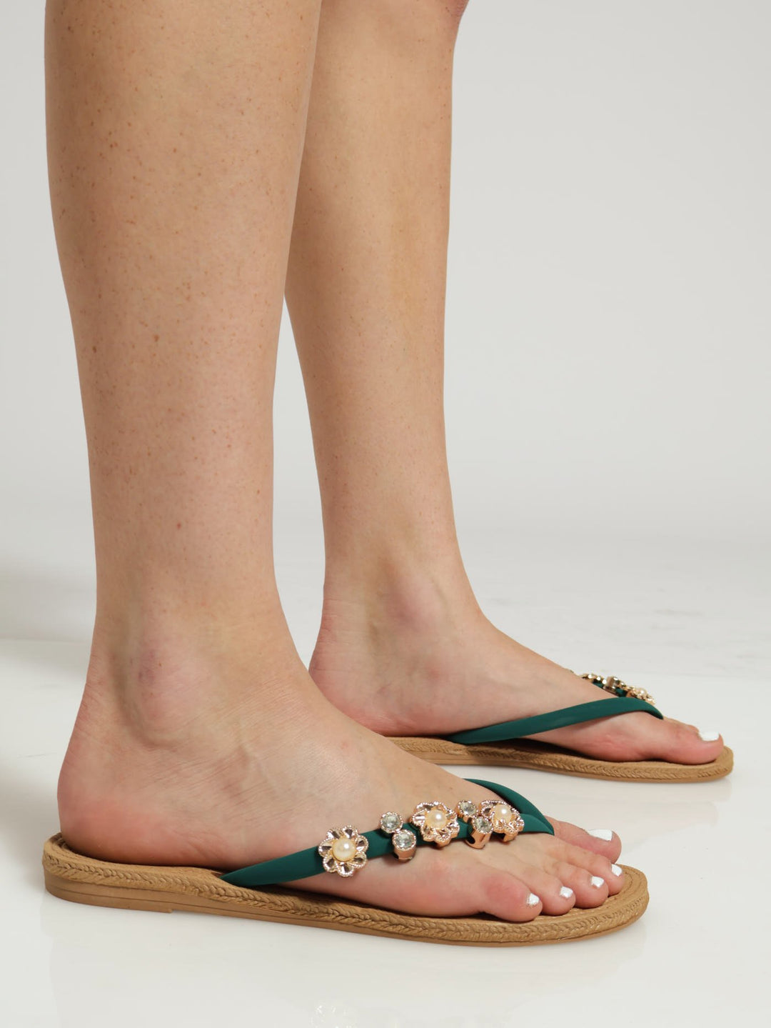 Diamante Trim Thong Sandal - Teal