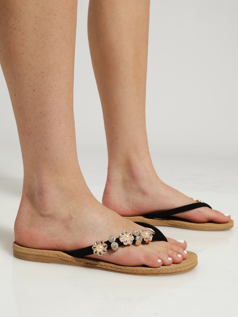 Diamante Trim Thong Sandal - Black