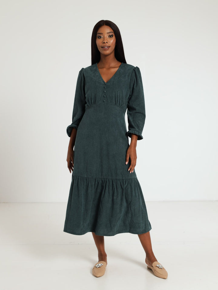 3/4 Sleeve Babycord Milkmaid Dress - Teal
