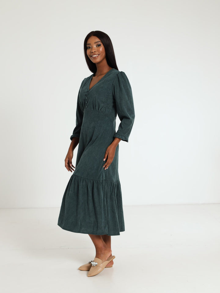 3/4 Sleeve Babycord Milkmaid Dress - Teal