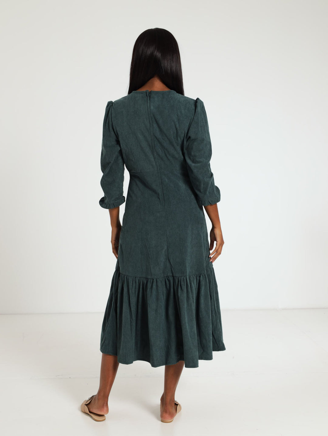 3/4 Sleeve Babycord Milkmaid Dress - Teal