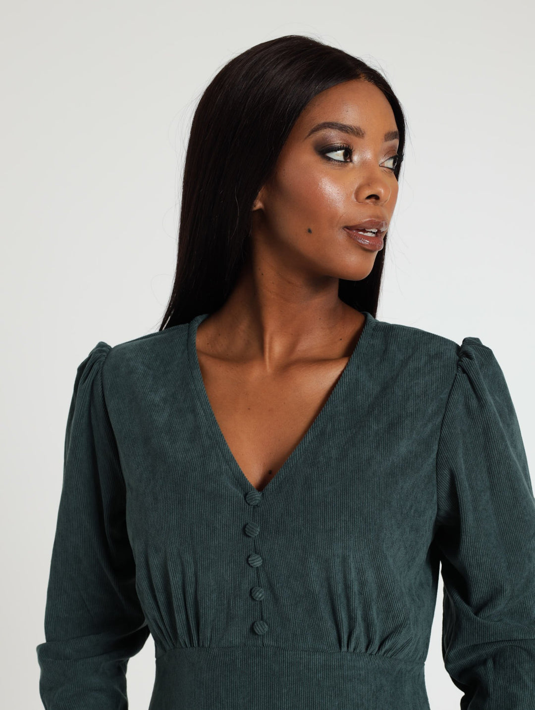 3/4 Sleeve Babycord Milkmaid Dress - Teal