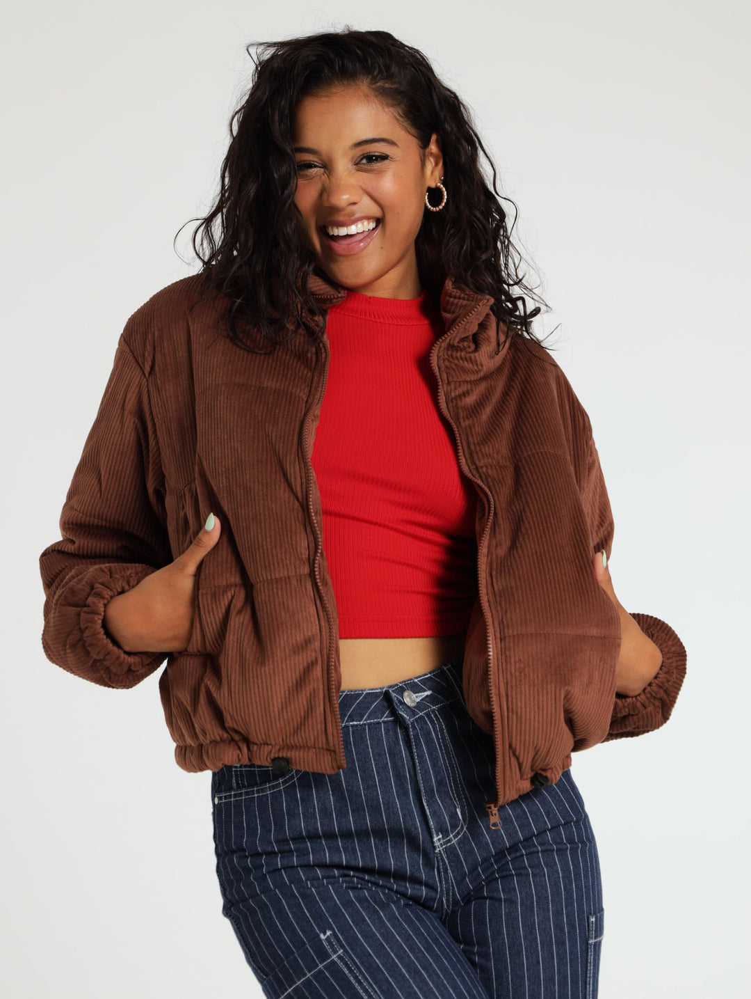 Corduroy Puffer Jacket - Brown