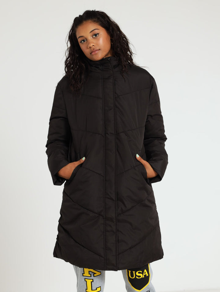 Longer Length Puffer Jacket - Black