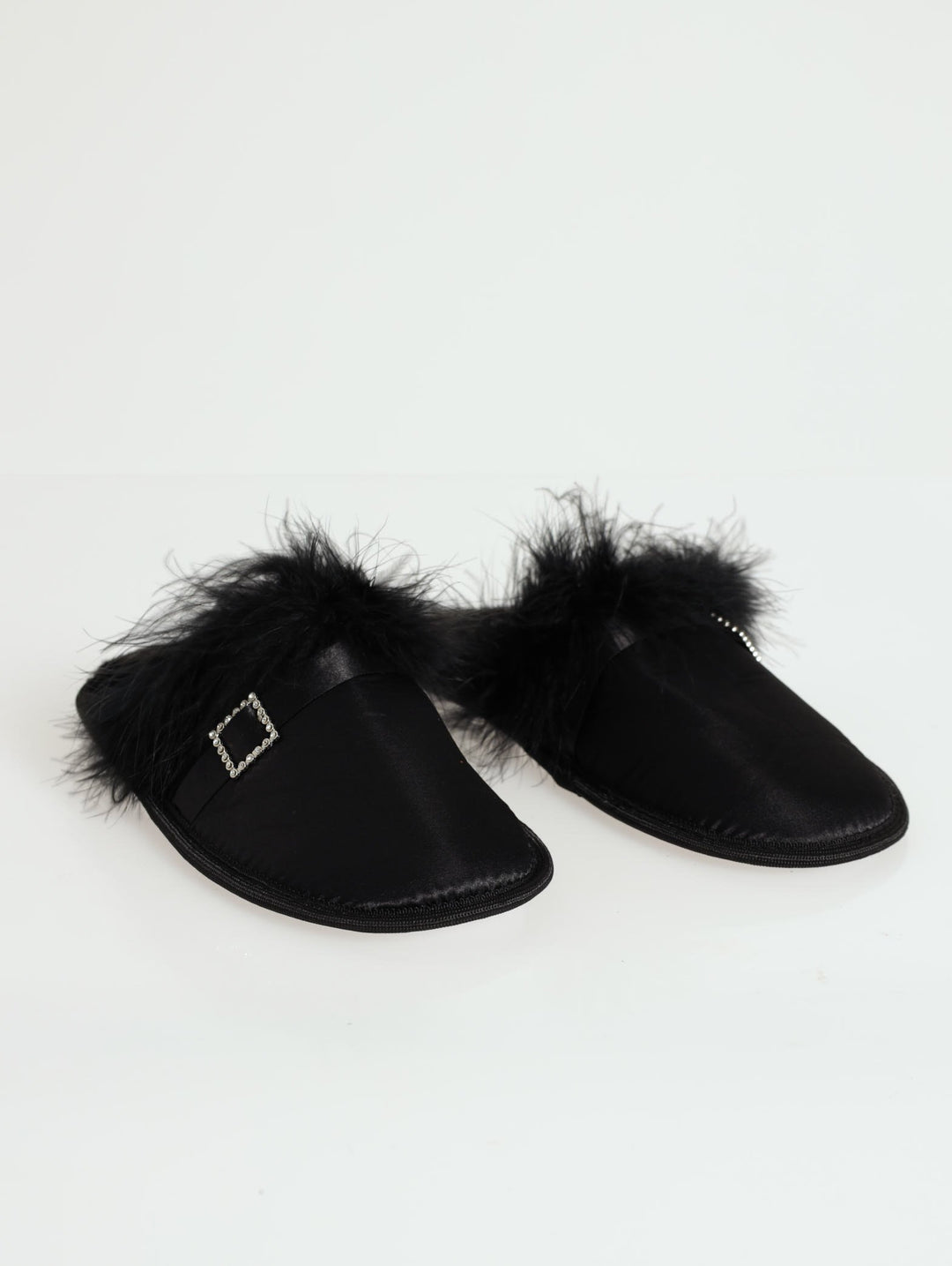 Satin And Feather Slipper With Jewel Buckle -Black