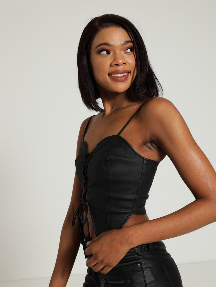 Coated Corset Top - Black